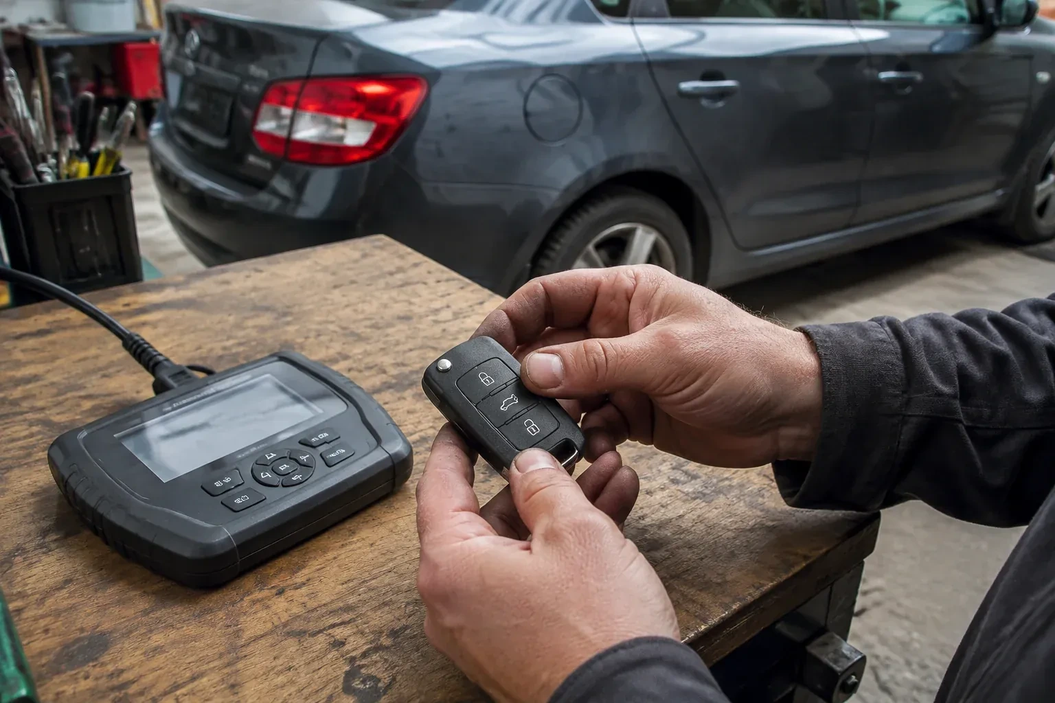 Hands holding a black car key fob above a workbench, beside a wired handheld device with a screen. — Car Key Replacement, Springwater