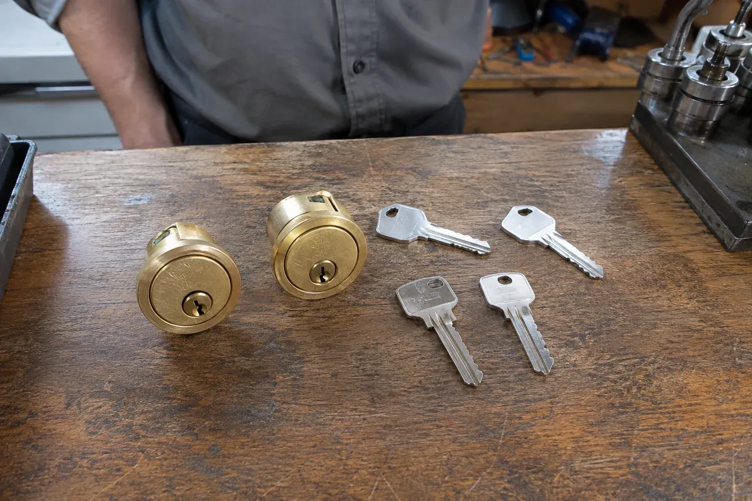 Two detached brass lock cylinders and four house keys on a wooden counter. — Lock Rekeying, Springwater