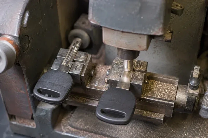 Two black-headed keys clamped in a bench machine, one beneath a vertical cutter, with metal shavings around the clamps. — Spare Car Key Duplication, Springwater