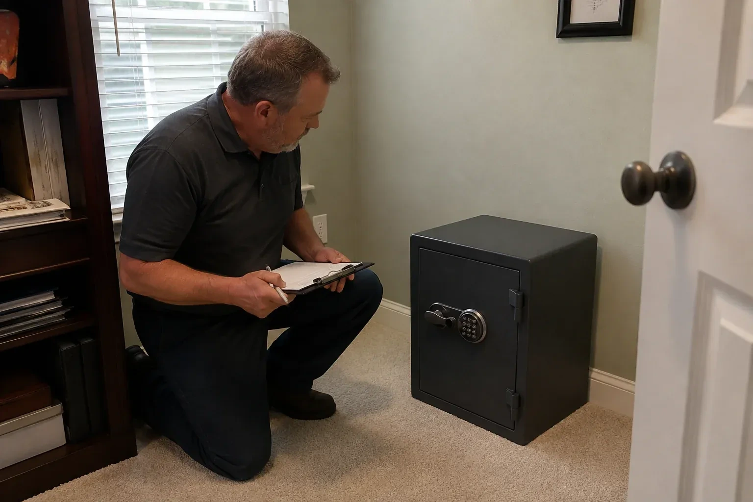 Person holding a clipboard beside a closed black safe with a circular keypad in a carpeted room. — Safe Installation & Servicing, Springwater