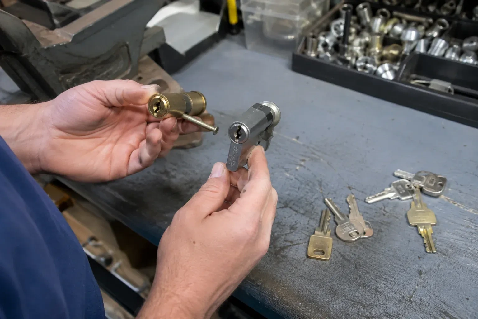 Hands comparing detached lock cylinders beside loose keys on a workbench. — Broken Key Extraction, Springwater
