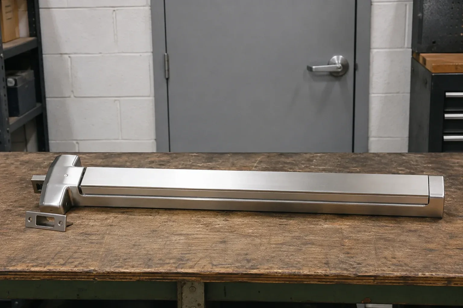 Detached horizontal exit device and separate strike component on a workshop bench. — Panic & Exit Hardware, Springwater