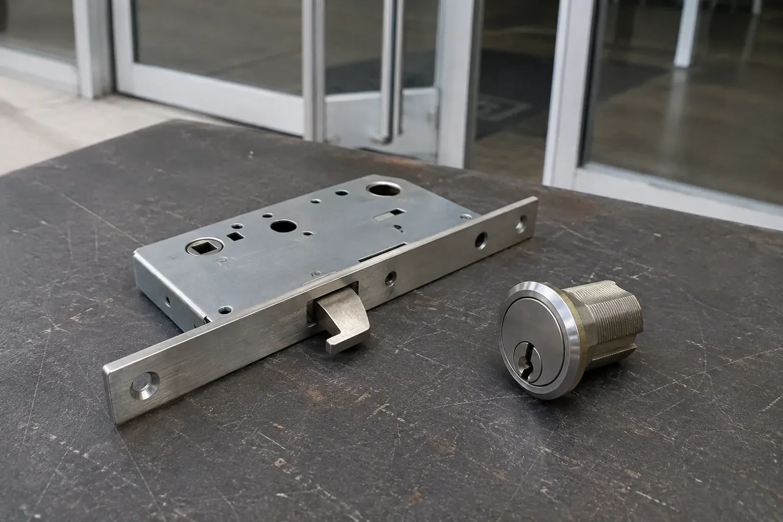 Detached mortise lock body with a projecting hook-shaped bolt beside a threaded cylinder. — Commercial-Grade Lock Replacement, Springwater