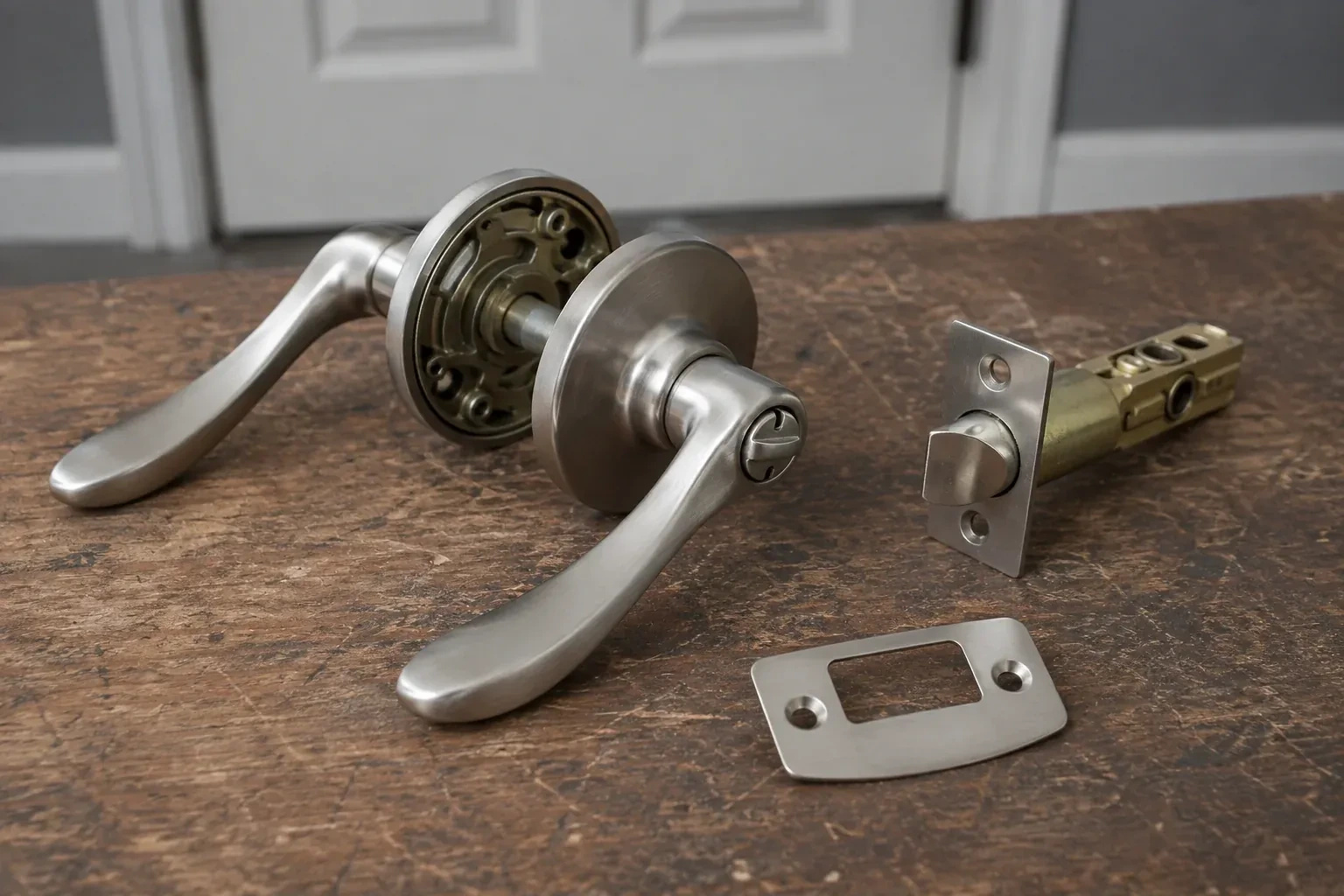 Detached satin-nickel lever hardware, tubular latch and strike plate on a wooden workbench. — Lock Replacement & Upgrade, Springwater