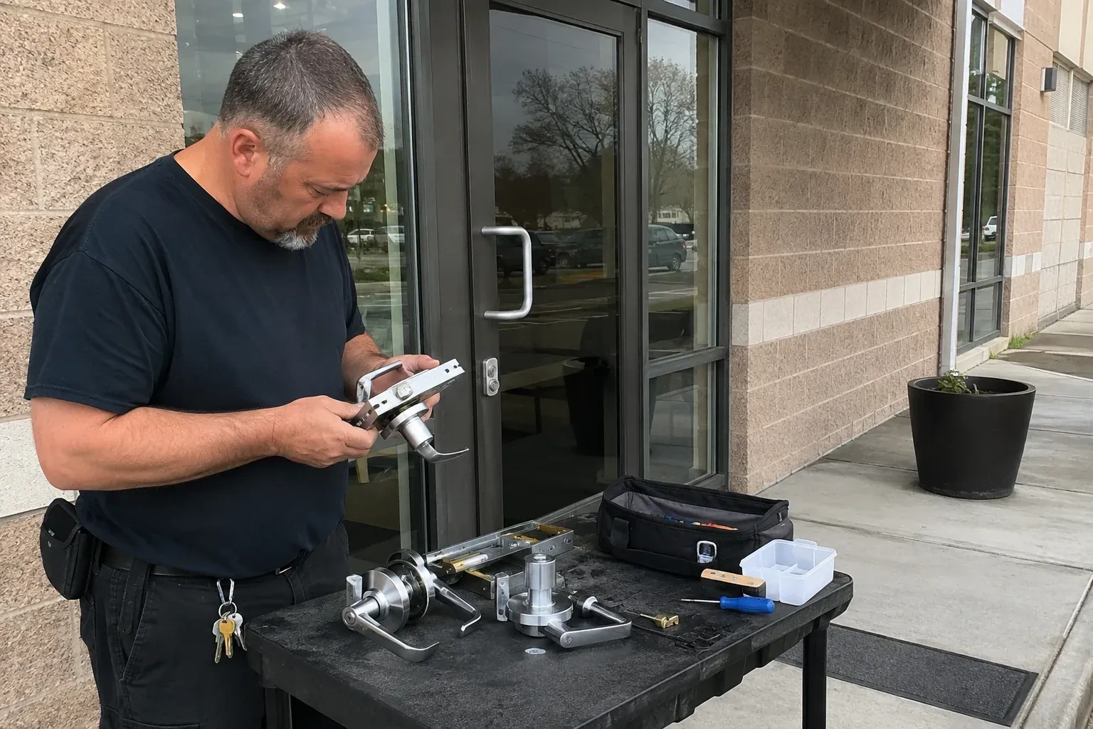 Person holding a door-handle and latch assembly at a worktable outside a glass entrance, with additional handles and tools laid out. — Commercial Rekeying, Springwater
