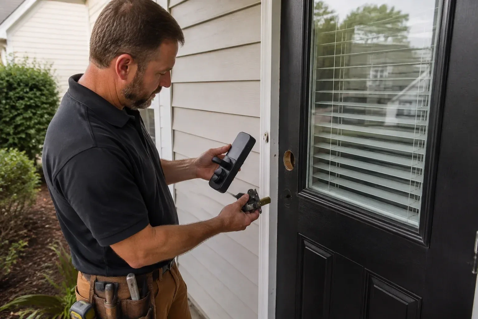 Person holding a black door-handle assembly and a latch beside a glazed door with exposed lock openings. — Smart Lock Installation, Springwater