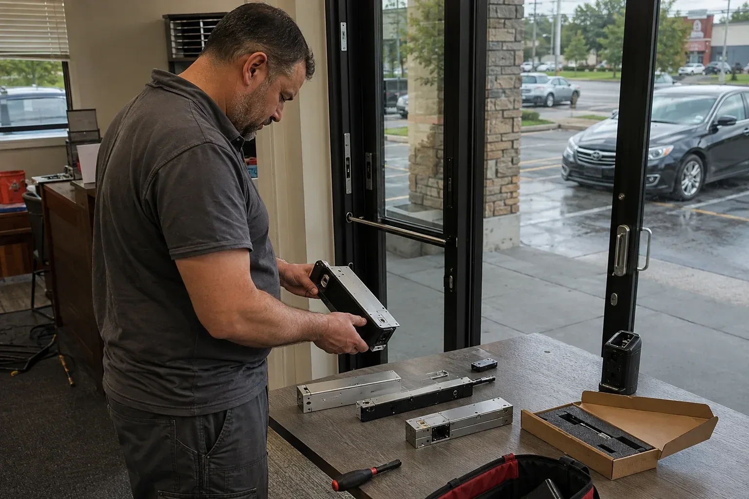 Person holding a rectangular door-hardware housing at a table with additional metal assemblies beside a glass entrance. — Access Control Installation, Springwater