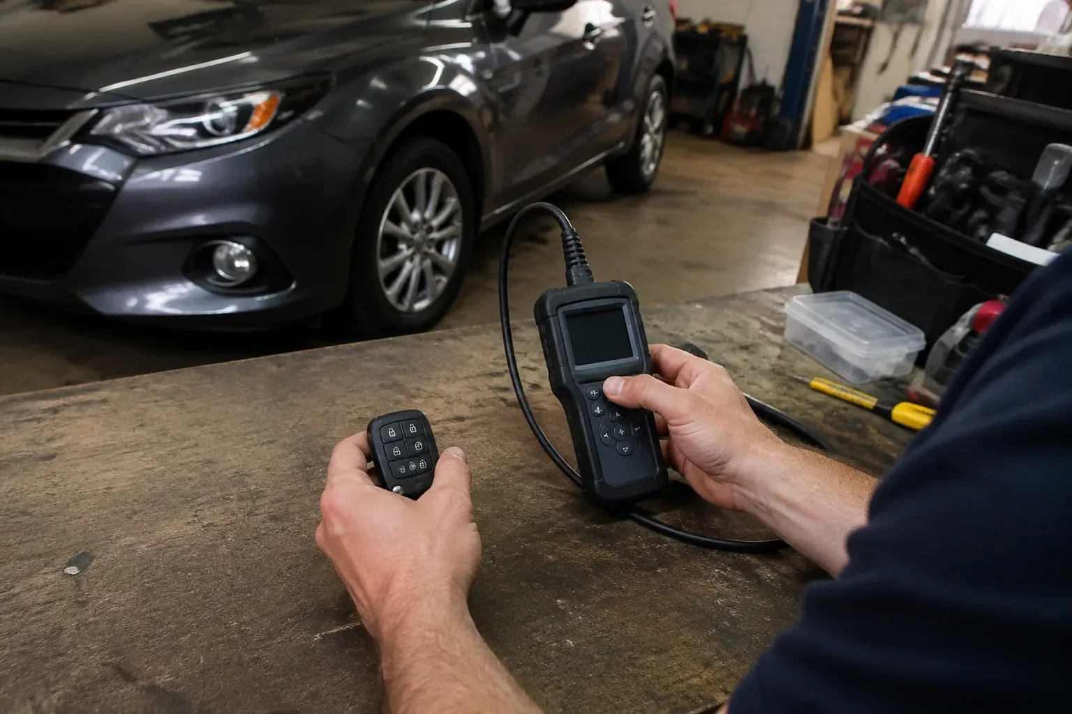 Hands holding a car-key fob and a small wired electronic device above a workbench in a garage with a parked car. — Key Fob Programming, Springwater
