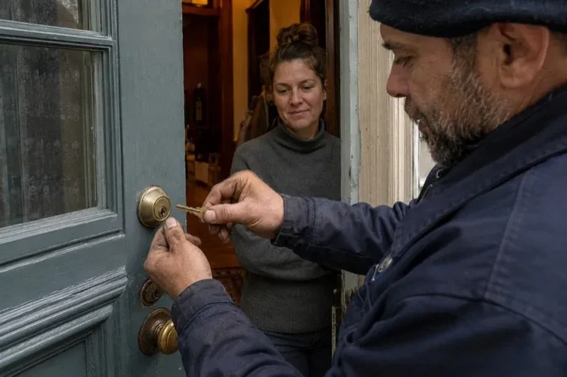 Person holding a key beside a brass-colored deadbolt on an open painted door while another person watches from inside. — Home Lockout Service, Springwater