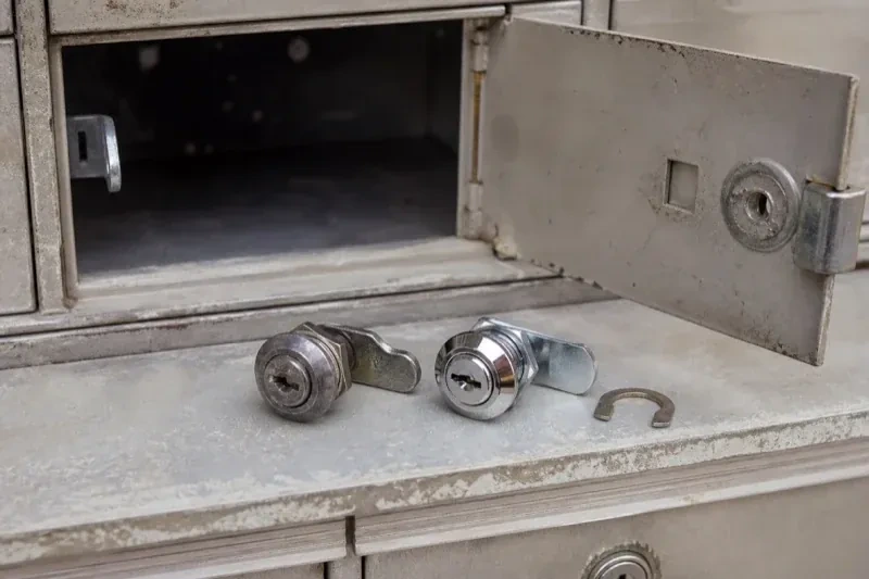 Two loose cam locks and a retaining clip resting below an open metal mailbox compartment. — Mailbox Lock Replacement, Springwater