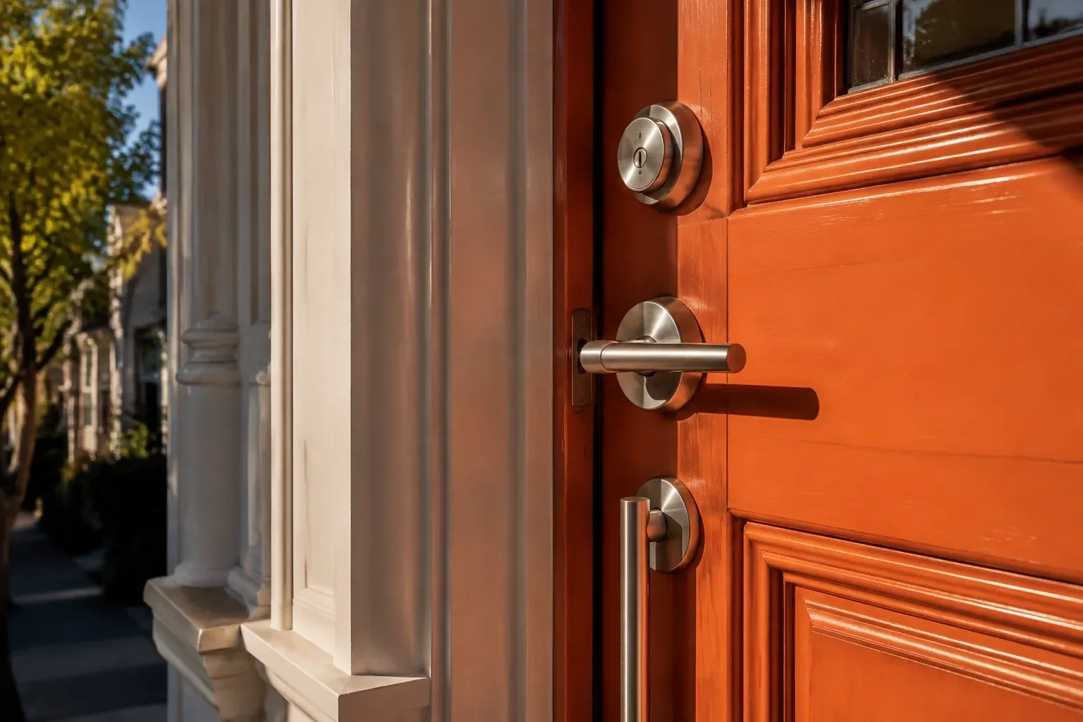 Steel deadbolt, lever handle and vertical pull bar on a bright orange paneled front door beside a white painted frame in sunlight.