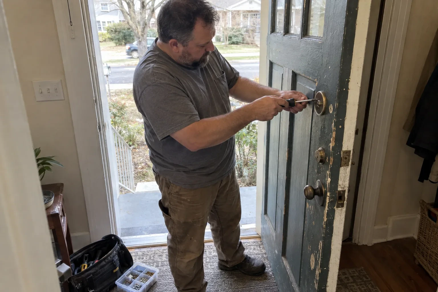 Technician using a screwdriver on the deadbolt of an open blue-gray front door, with a tool bag and screw tray nearby. — Deadbolt Installation, Springwater