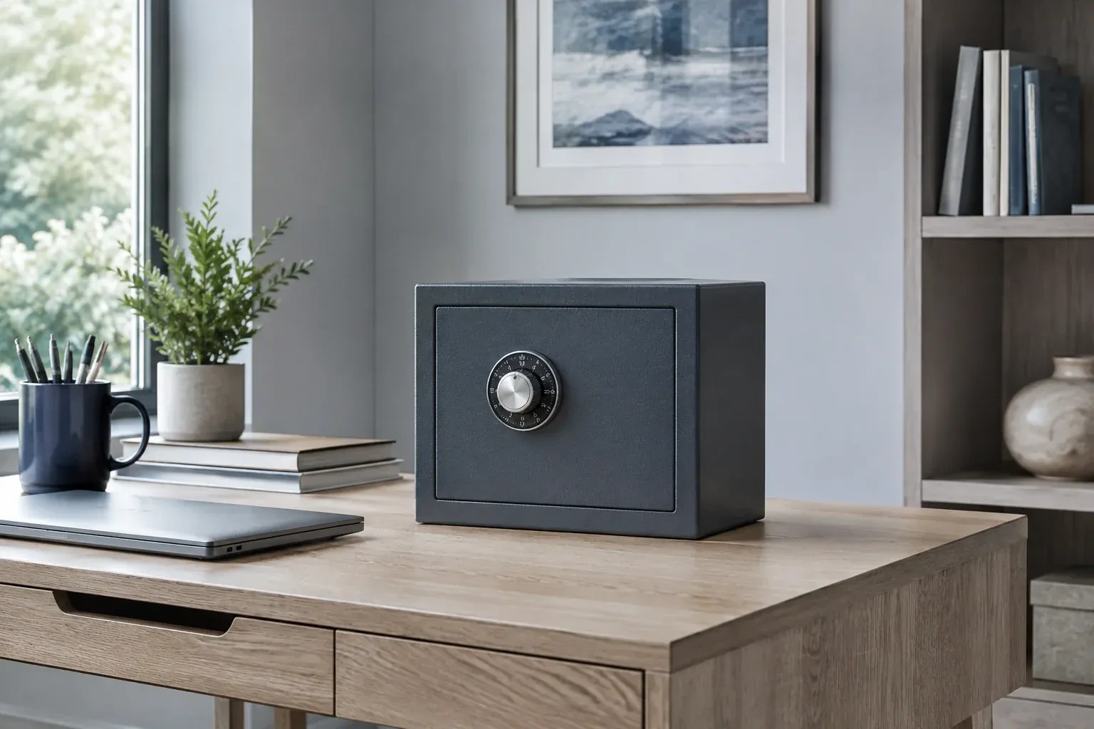 Small dark safe with a combination dial on a wooden desk beside a closed laptop and books. — Safe Opening & Combination Change, Springwater