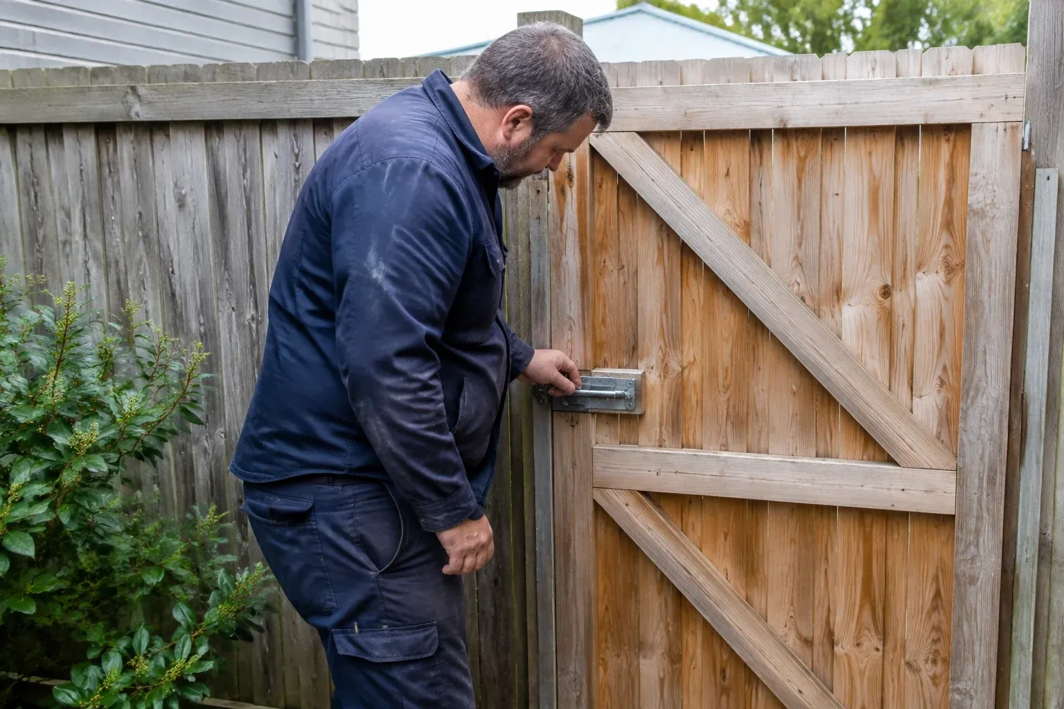 Person touching the sliding metal bolt on a wooden garden gate. — Gate & Building Entry Locks, Springwater