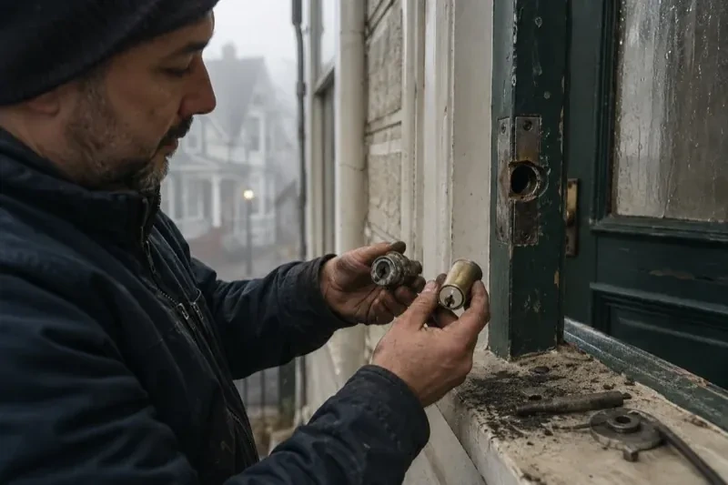 Person holding two lock cylinders beside an open painted door, with loose hardware and debris on the sill. — Seized & Jammed Lock Opening, Springwater