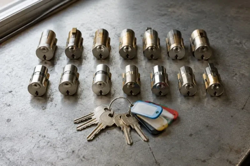 Two rows of lock cylinders on a metal surface with keys and colored key tags in front. — Master Key System Design, Springwater