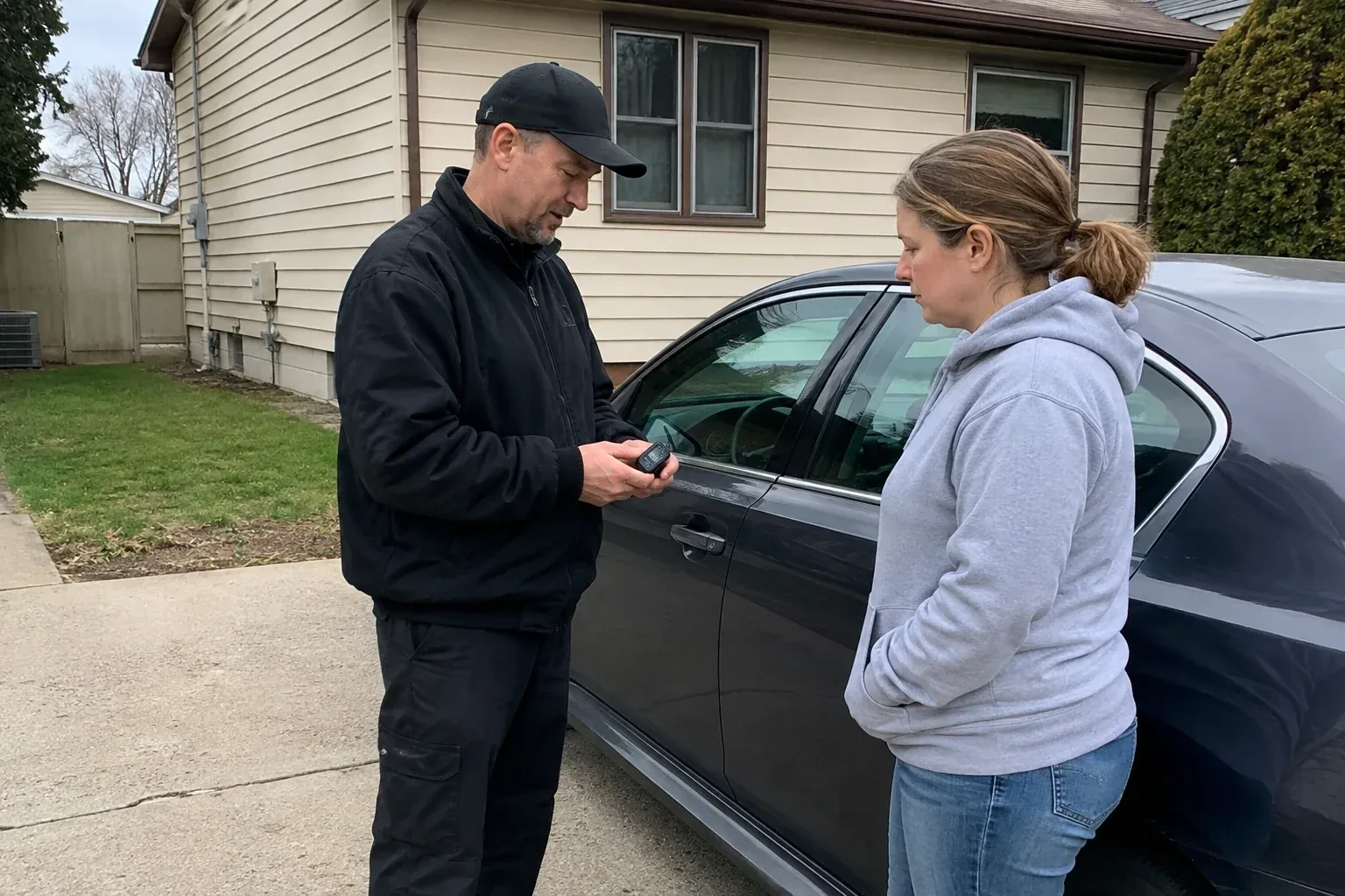 Two people standing beside a parked sedan, one wearing a cap and holding a small black device. — Vehicle Lock Repair, Springwater