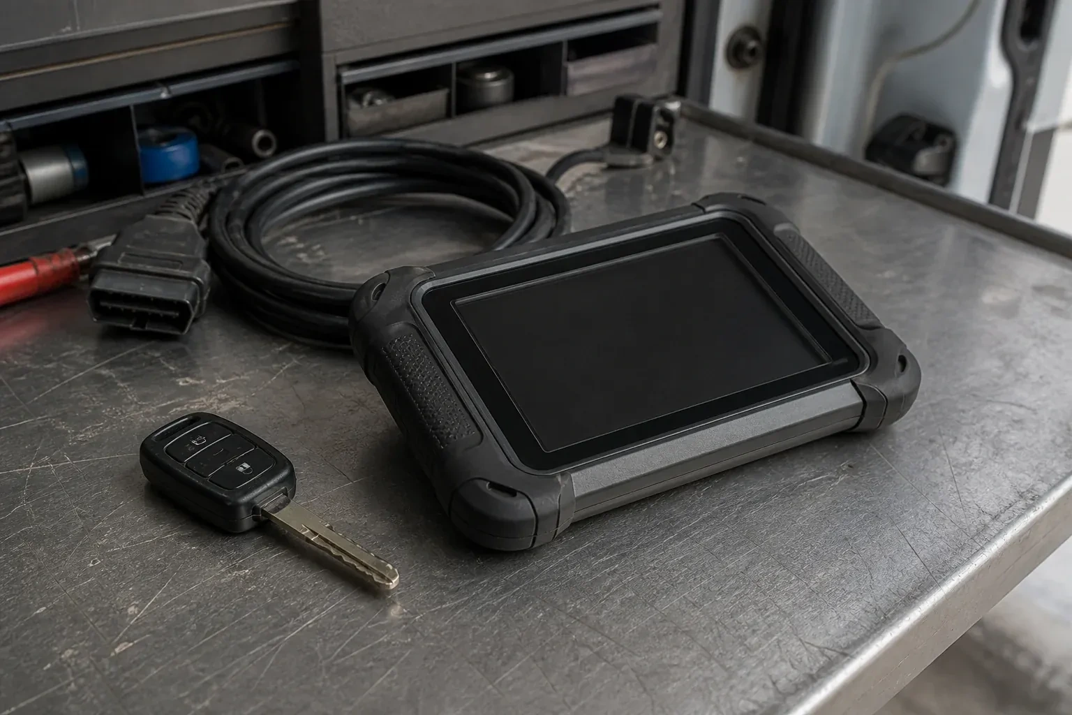 Vehicle key beside a dark diagnostic tablet and coiled connector cable on a workbench. — Transponder Key Programming, Springwater